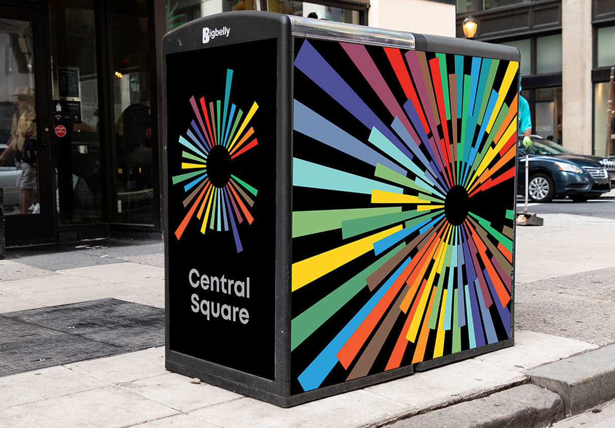 Central Square trash can with logo superimposed