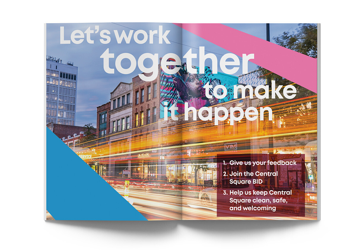 Central Square brochure spread with words “Let’s work together to make it happen” over long exposure of car lights passing in front of mural