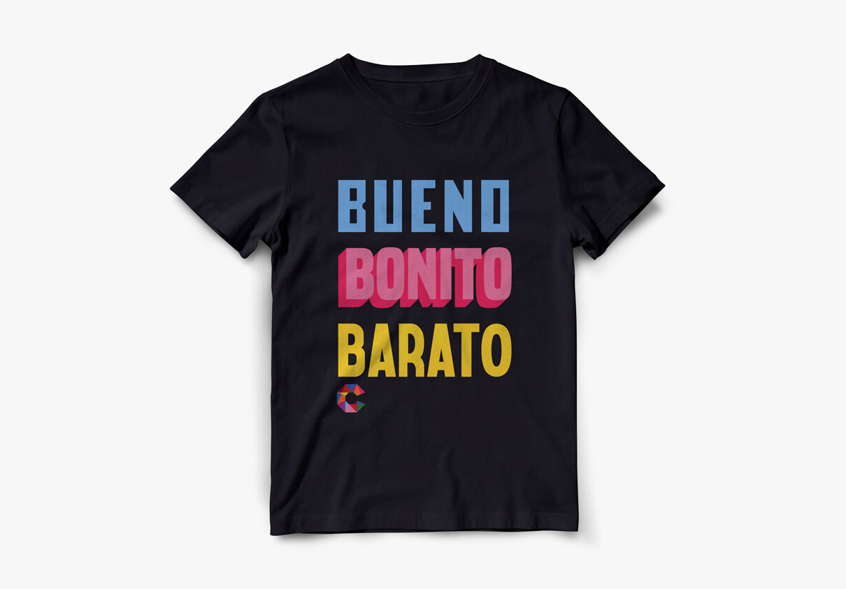 Chelsea Centro black t-shirt with “Bueno, Bonito, Barato” in bold colors
