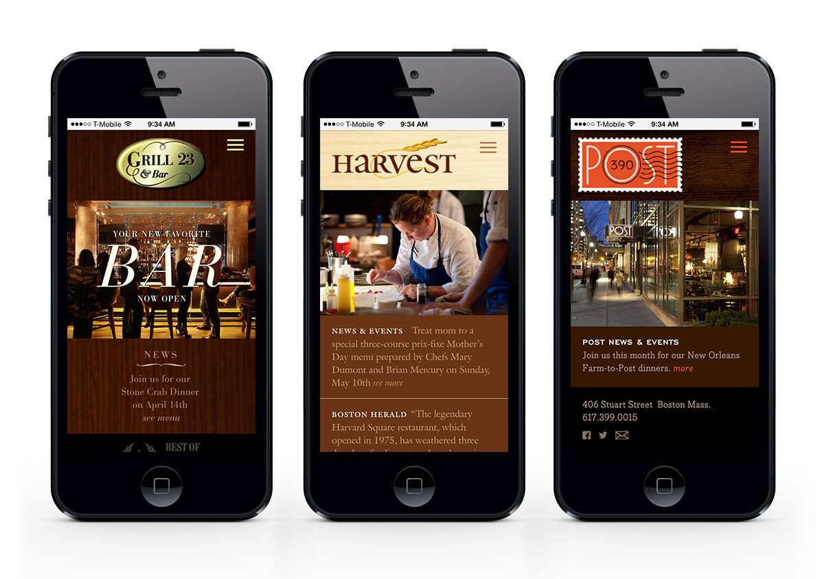 Grill 23, Harvest, and Post 390 mobile websites