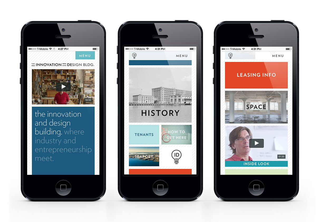Innovation and Design Building website on three iPhones
