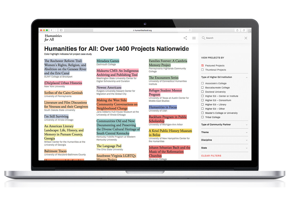 Humanities for All website projects list