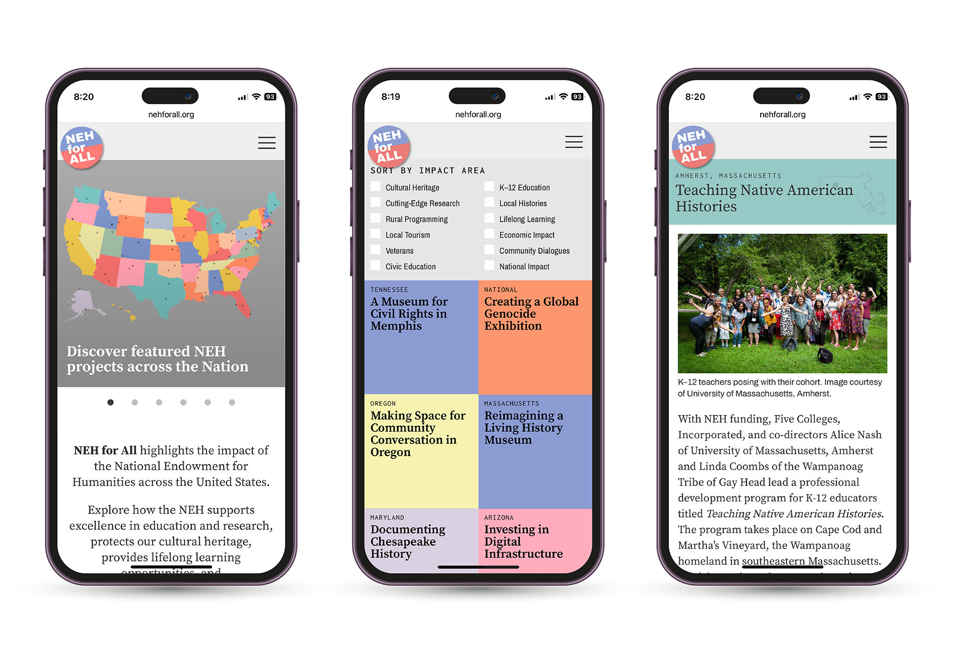 NEH for All website on three iPhones