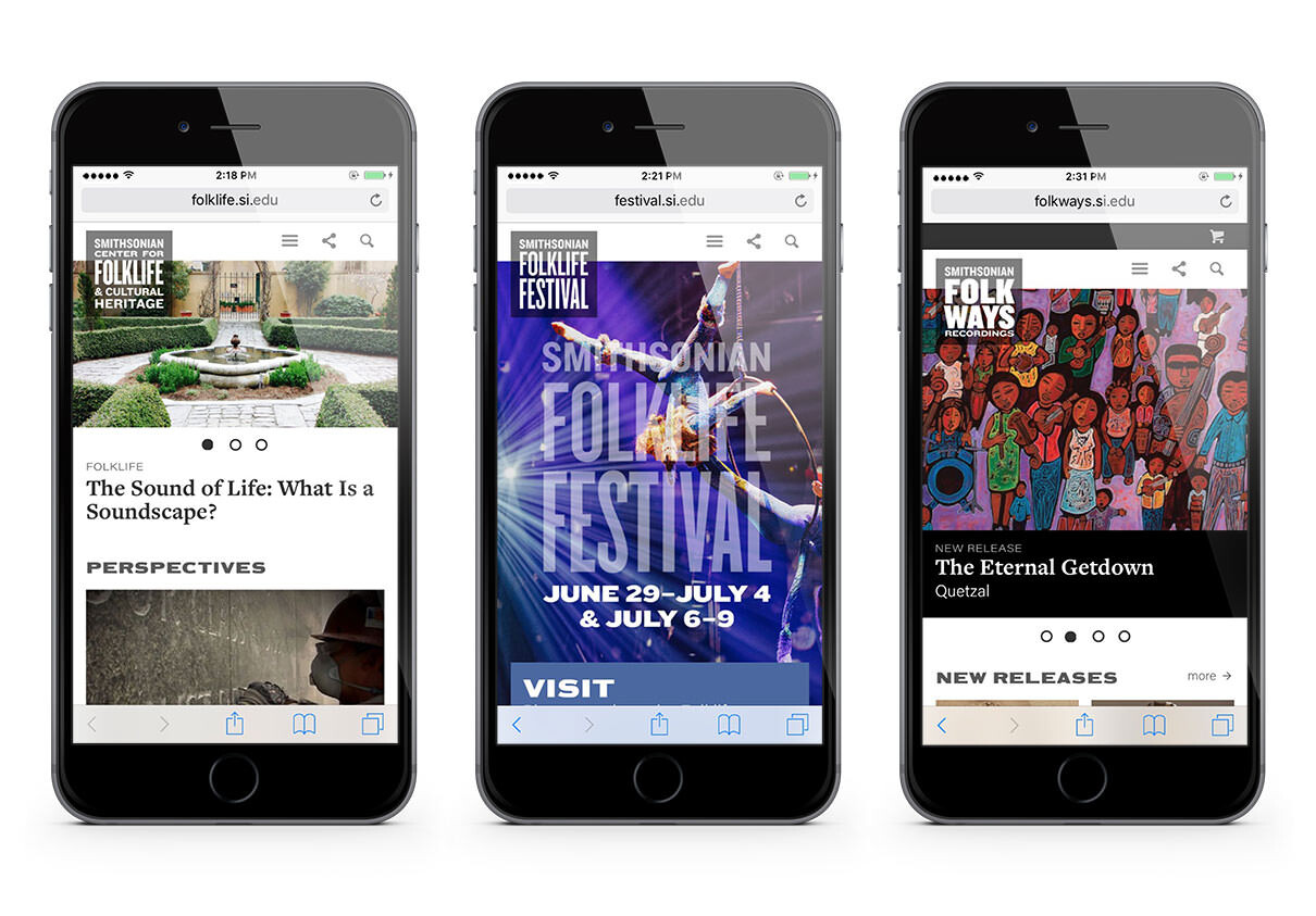 Smithsonian Folklife, Festival, and Folkways home screens on mobile devices