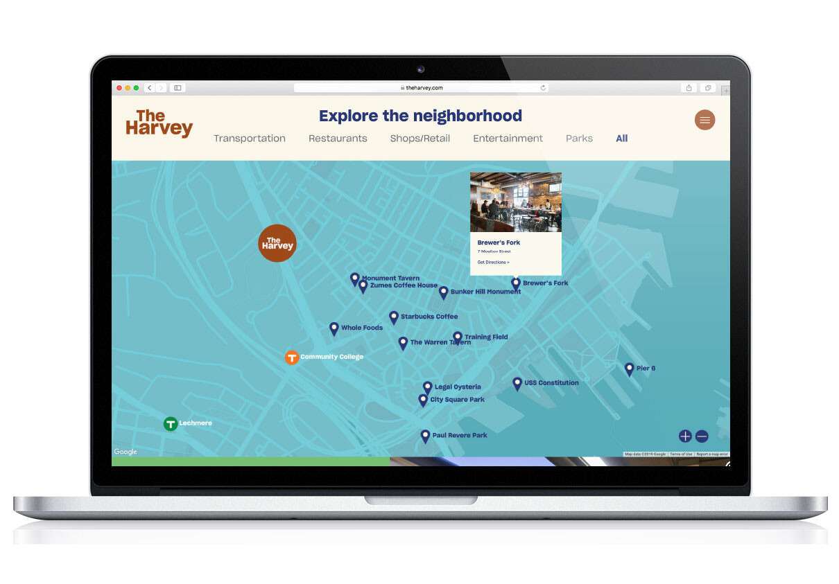 The Harvey website showing “Explore the neighborhood” section with map.
