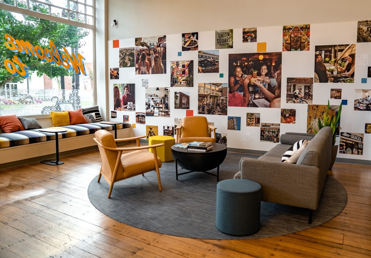 Sitting area with decorative wall treatment in USQ marketing office